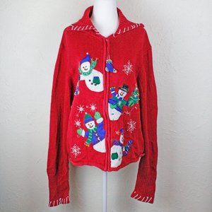 Dressbarn red Christmas holiday sweater zip up cardigan with snowmen size XL